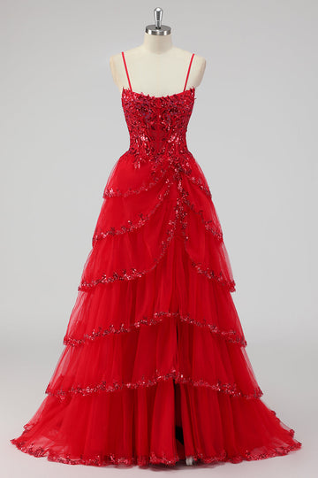 Robes De Soirée corset à sequins sans bretelles rouge foncé scintillante avec fente